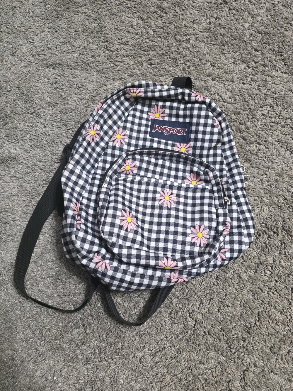 Jansport Black & White Gingham Mini Backpack with Pink Daisy Pattern